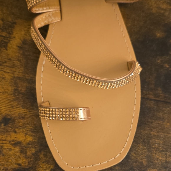 Elegant Gold & Tan Sandals with Rhinestone Straps - Picture 2 of 7